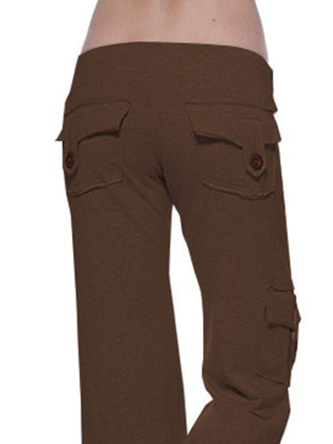 Mid waist pants with drawstring, buttons, and pockets, opaque.
