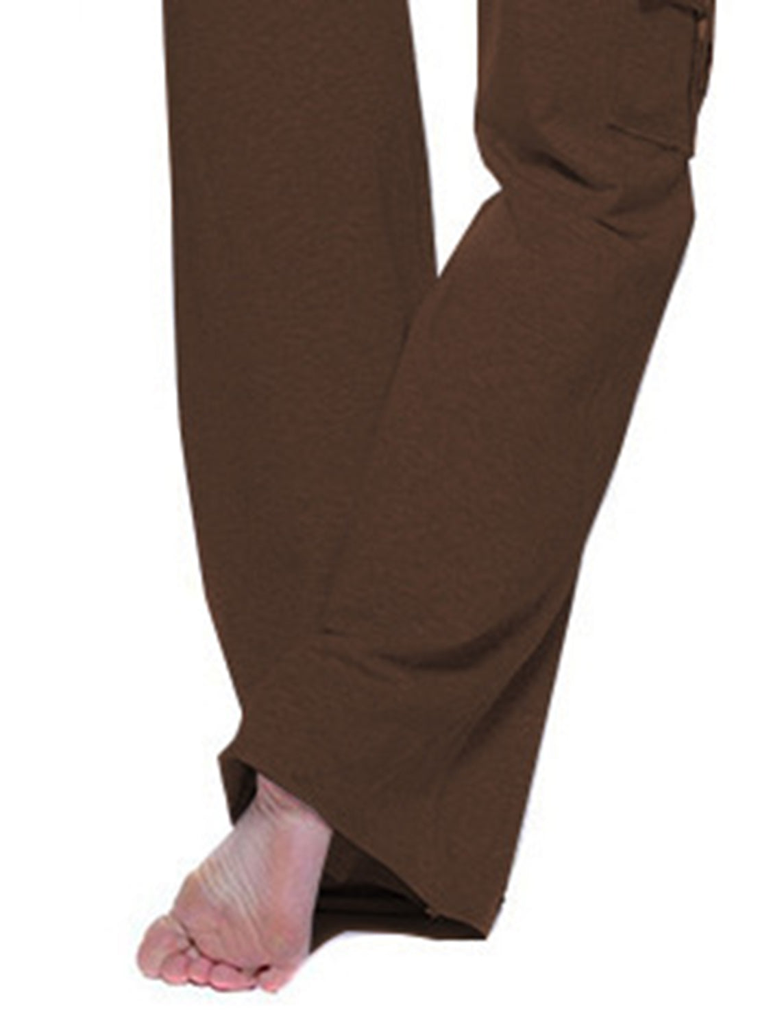 Mid waist pants with drawstring, buttons, and pockets, opaque.