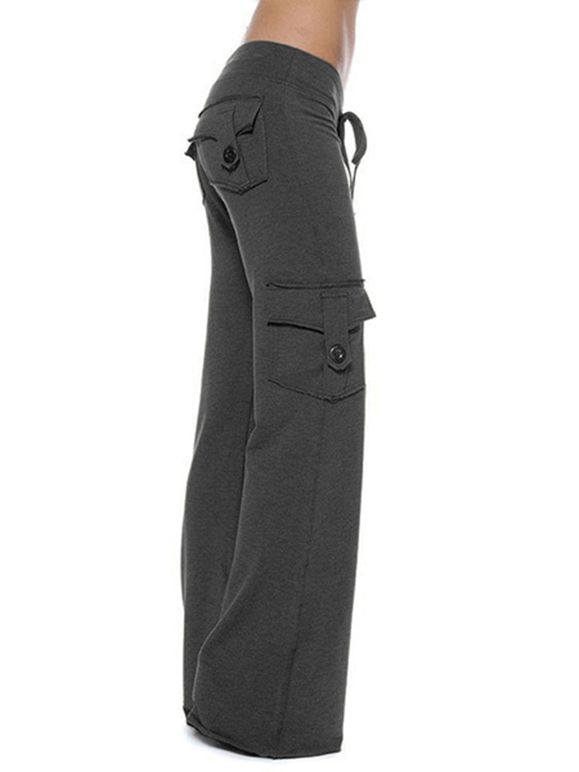 Mid waist pants with drawstring, buttons, and pockets, opaque.