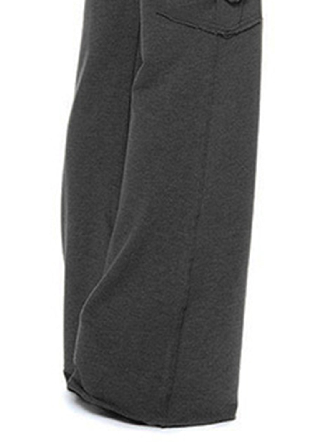 Mid waist pants with drawstring, buttons, and pockets, opaque.