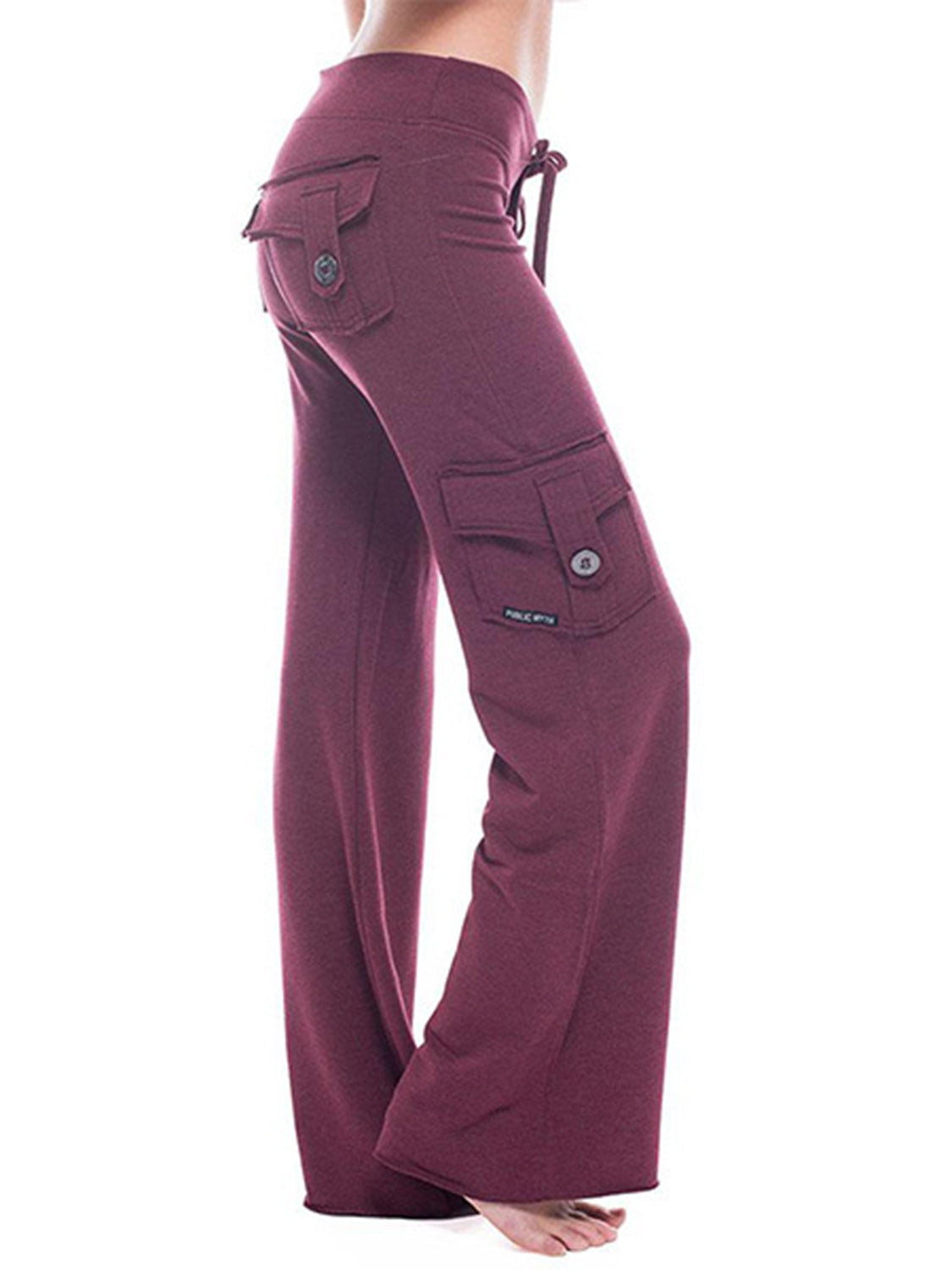 Mid waist pants with drawstring, buttons, and pockets, opaque.