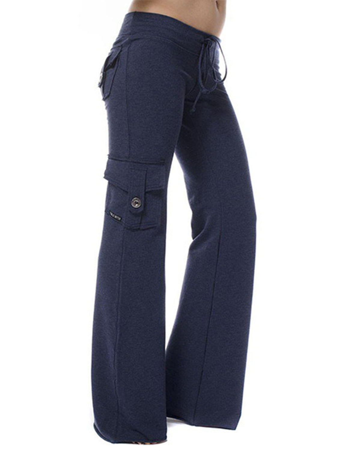 Mid waist pants with drawstring, buttons, and pockets, opaque.