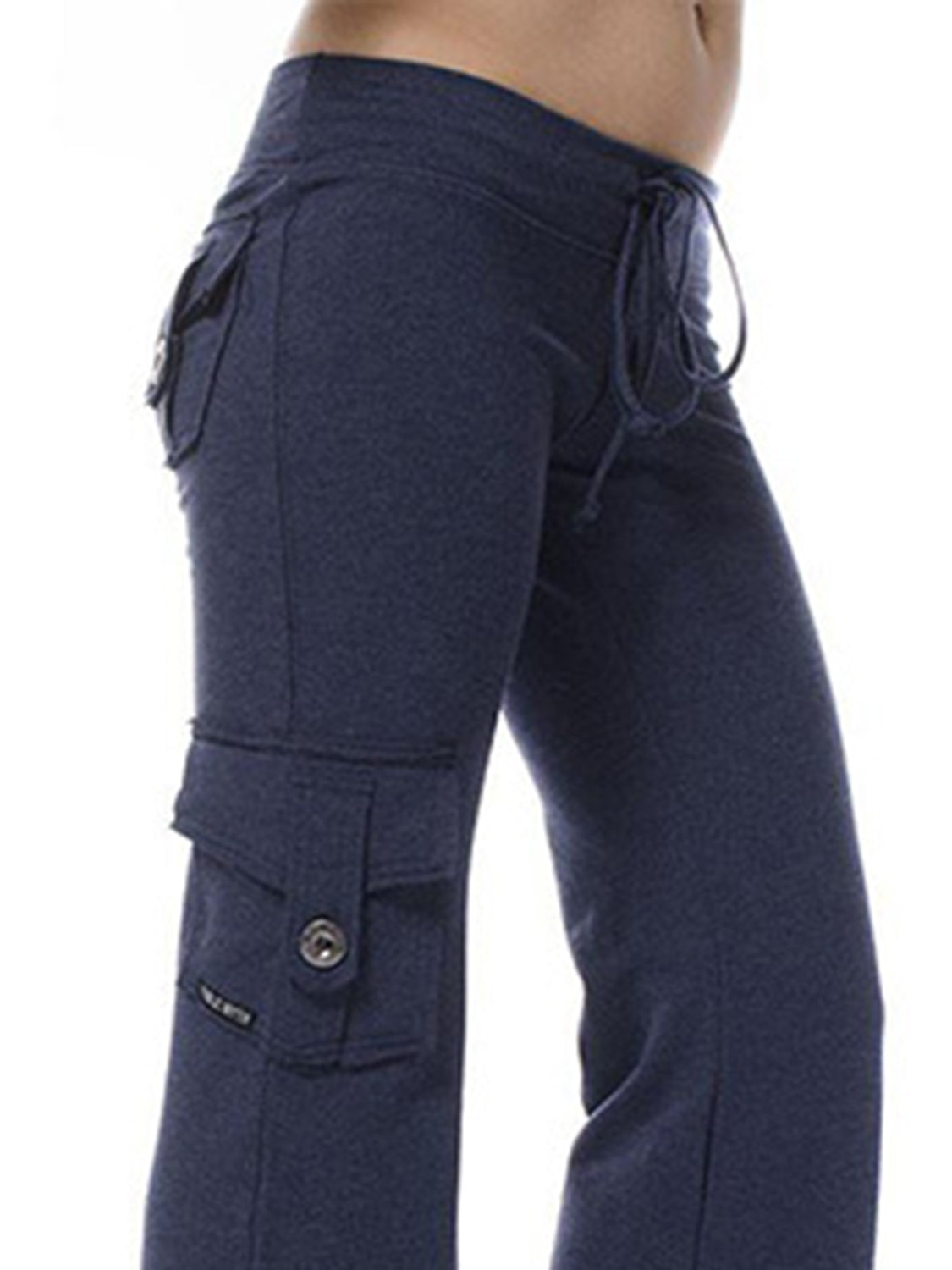 Mid waist pants with drawstring, buttons, and pockets, opaque.
