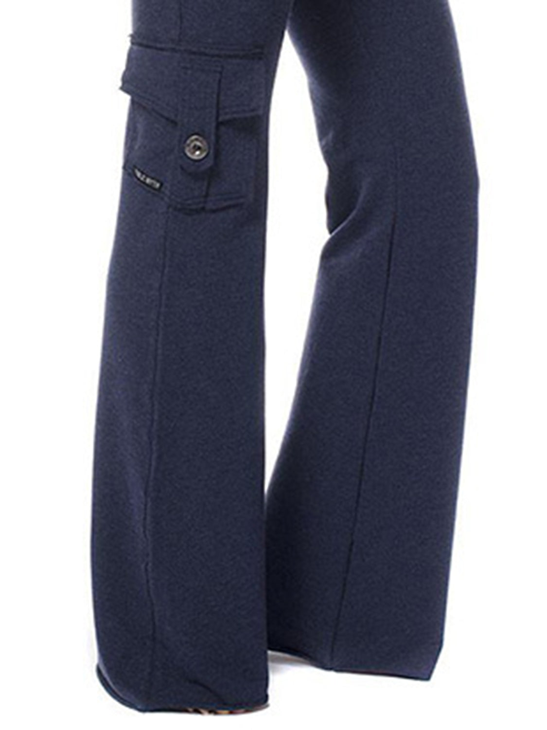 Mid waist pants with drawstring, buttons, and pockets, opaque.