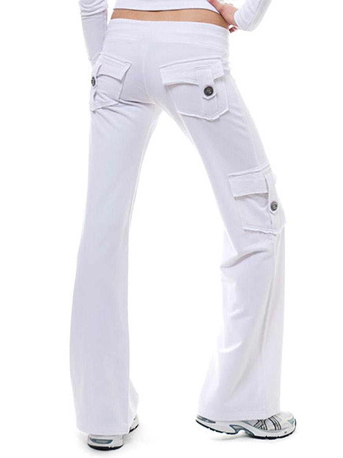 Mid waist pants with drawstring, buttons, and pockets, opaque.