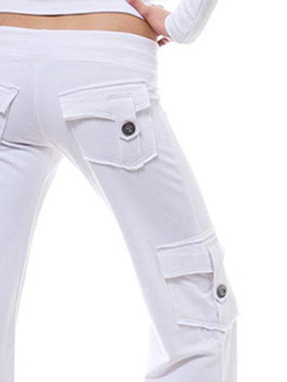 Mid waist pants with drawstring, buttons, and pockets, opaque.