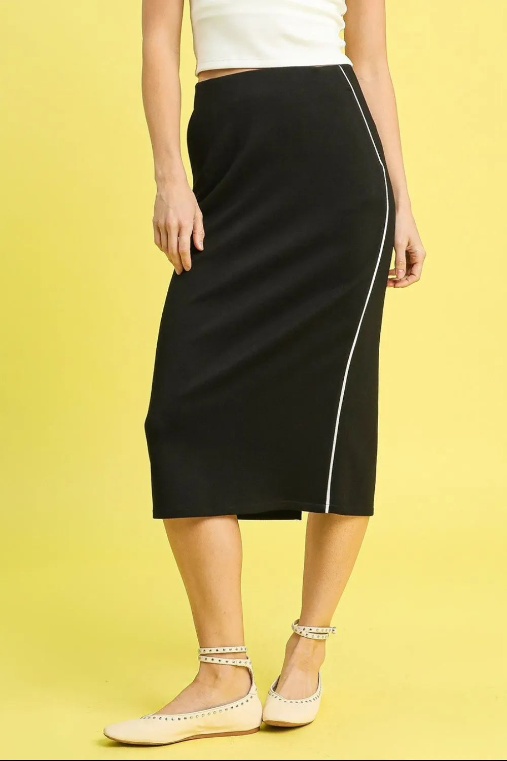 Umgee Midi Pencil Skirt with Contrast Piping Detail.