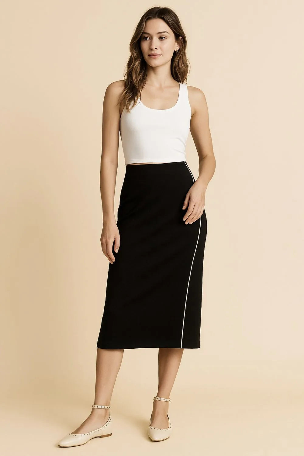 Umgee Midi Pencil Skirt with Contrast Piping Detail.