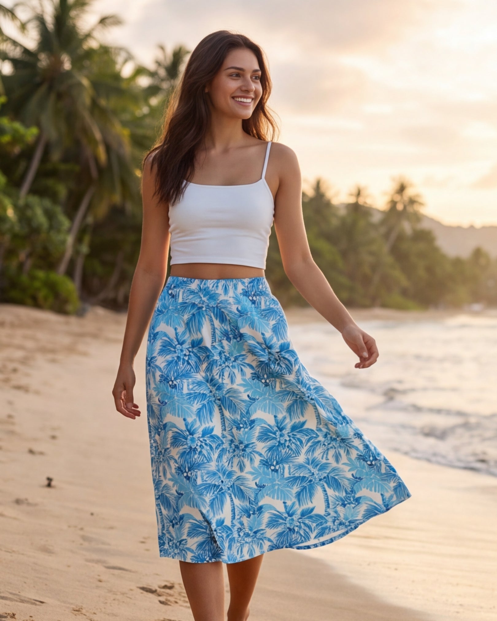 Midi Skirt - Blue Palms