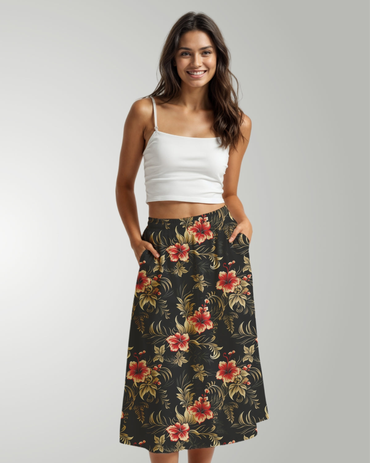 Midi Skirt - Midnight Hibiscus