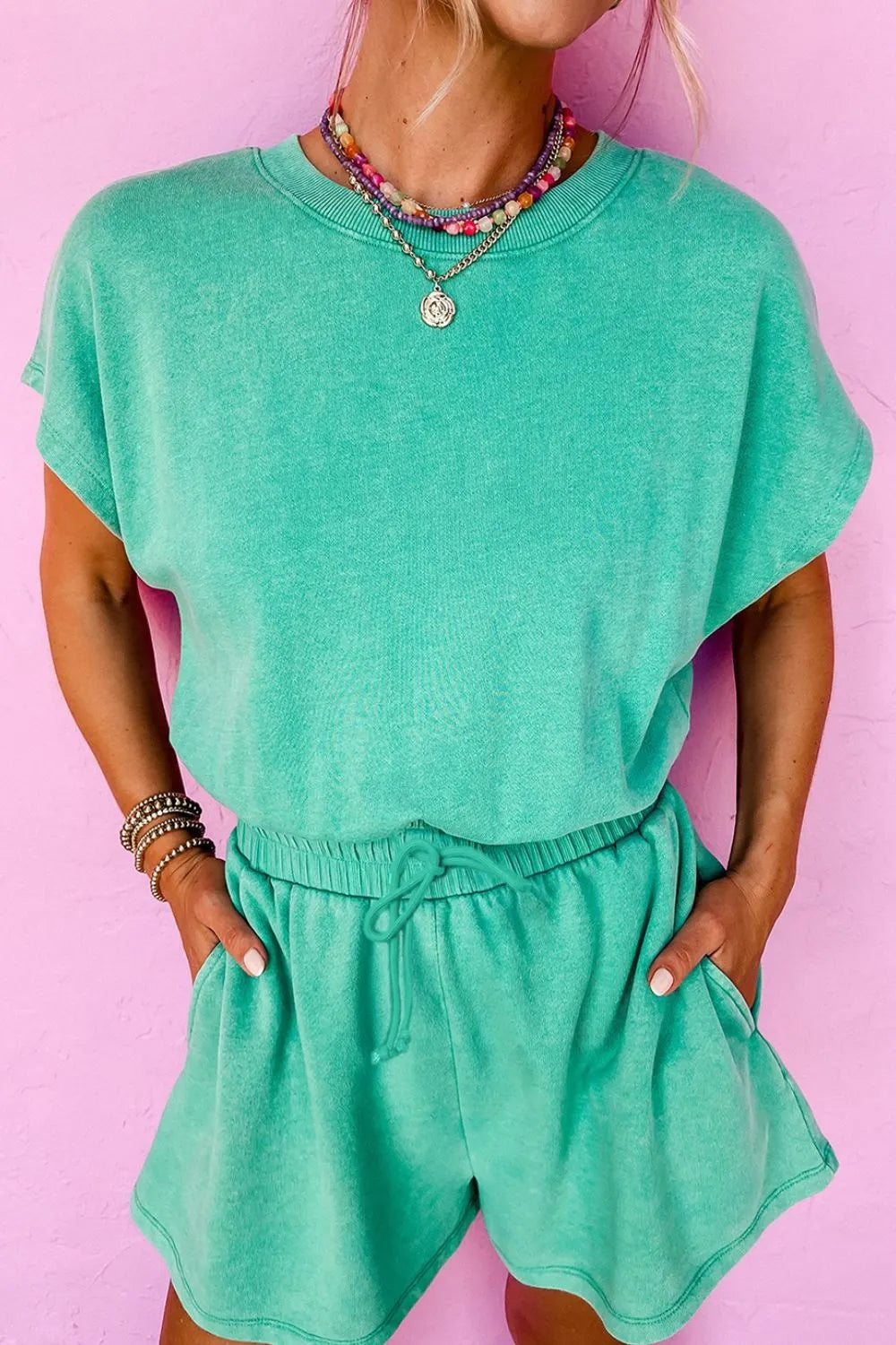 Mineral Wash Hollow Out Back Drawstring Waist Romper.