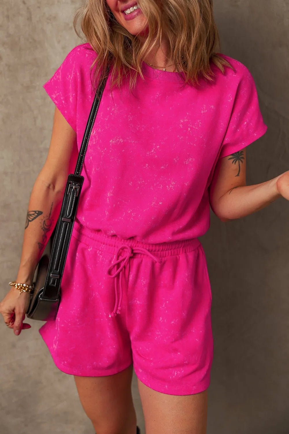 Mineral Wash Hollow Out Back Drawstring Waist Romper.