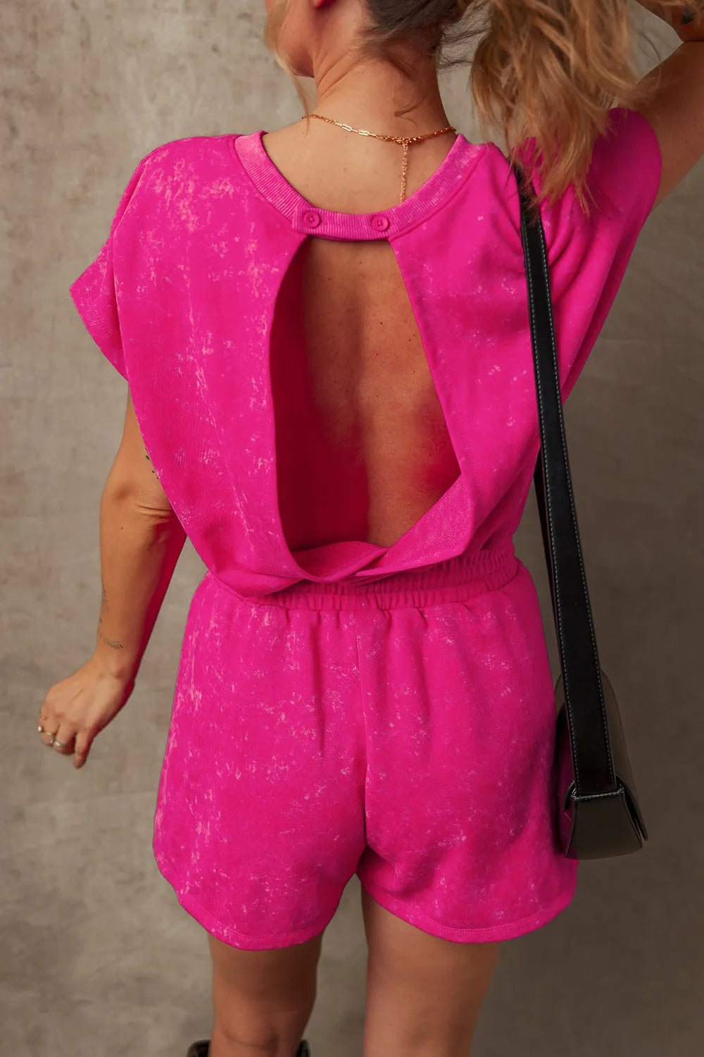 Mineral Wash Hollow Out Back Drawstring Waist Romper.