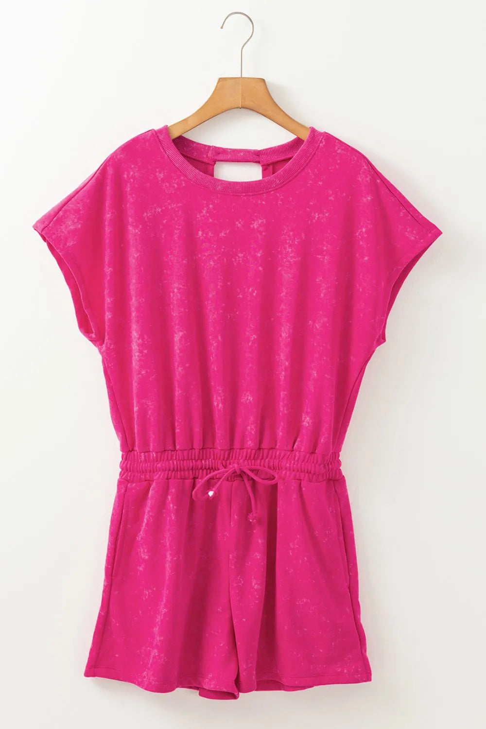 Mineral Wash Hollow Out Back Drawstring Waist Romper.