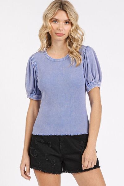 Mineral Wash Puff Sleeve Rib Knit Top