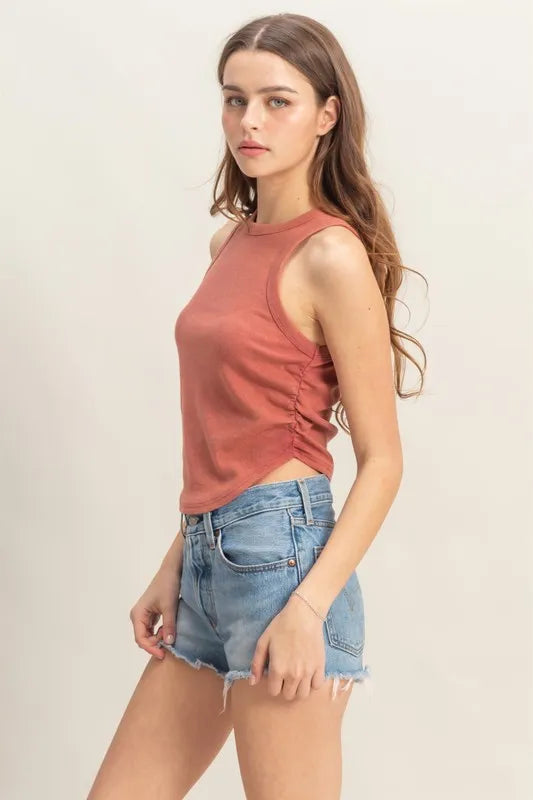 Mineral wash rib knit tank, moderately stretchy.