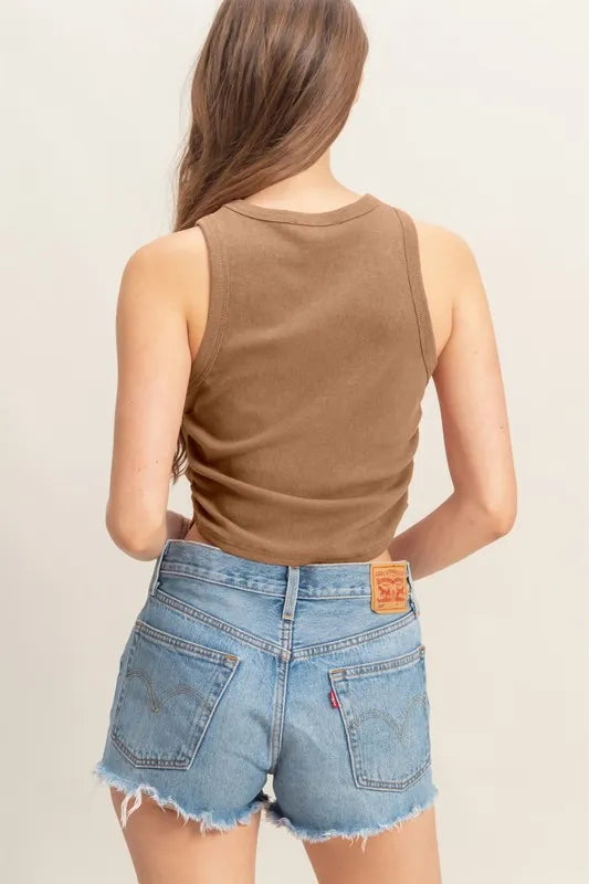 Mineral wash rib knit tank, moderately stretchy.