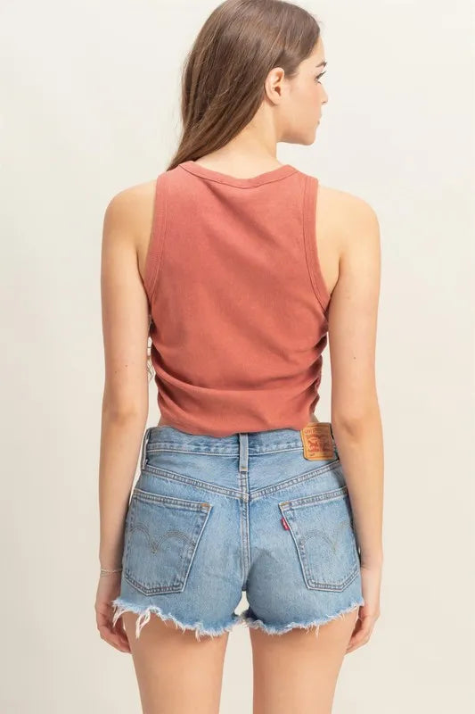 Mineral wash rib knit tank, moderately stretchy.