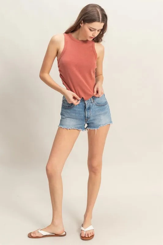 Mineral wash rib knit tank, moderately stretchy.
