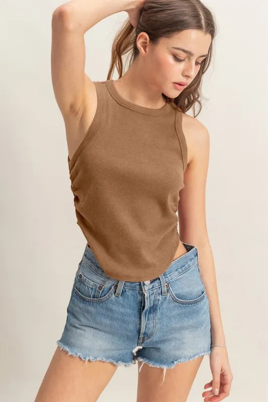 Mineral wash rib knit tank, moderately stretchy.