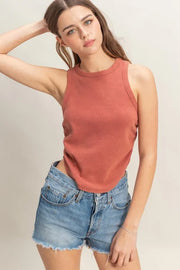 Mineral wash rib knit tank, moderately stretchy.