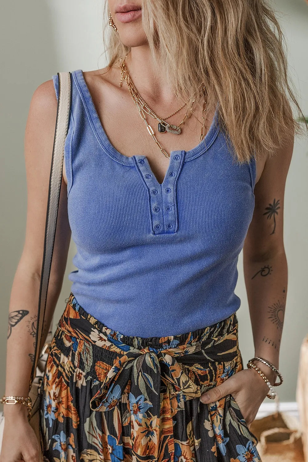 Mineral wash ribbed notch neck tank top.