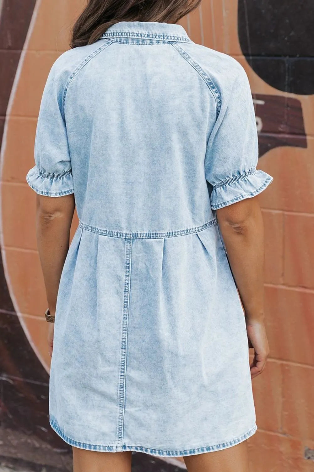 Mineral Wash Ruffle Sleeve Denim Dress.