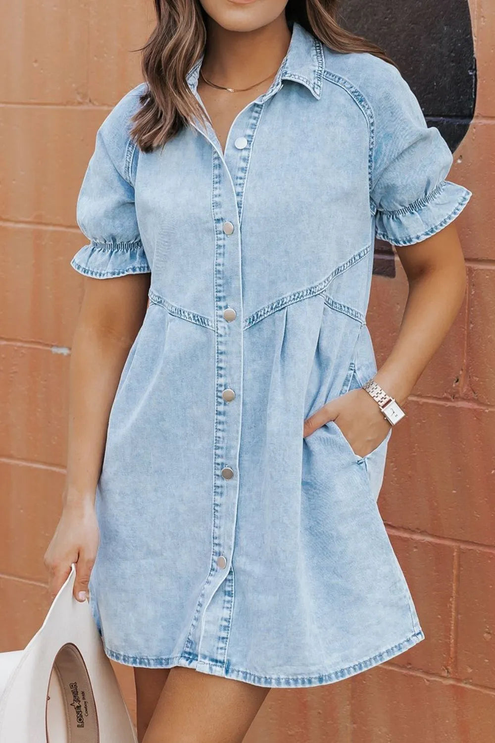 Mineral Wash Ruffle Sleeve Denim Dress.