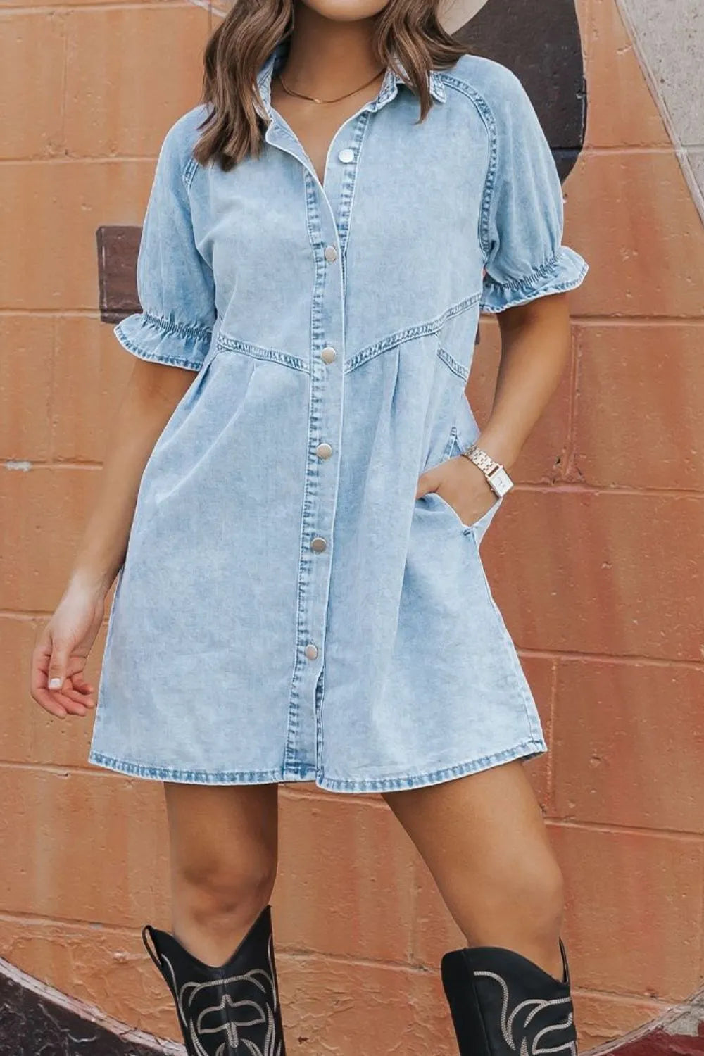 Mineral Wash Ruffle Sleeve Denim Dress.