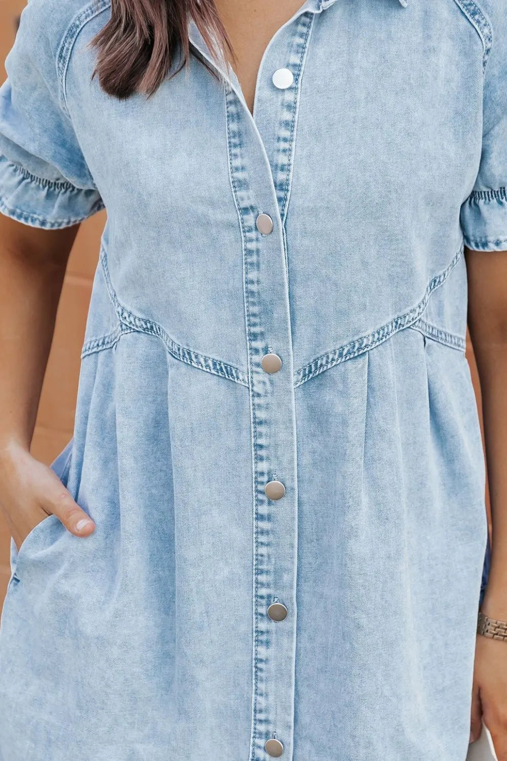 Mineral Wash Ruffle Sleeve Denim Dress.