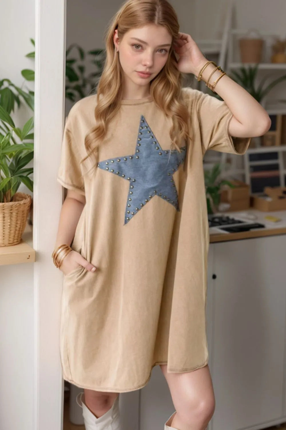 Mineral Wash Stud Beaded Star Pocketed T Shirt Dress.