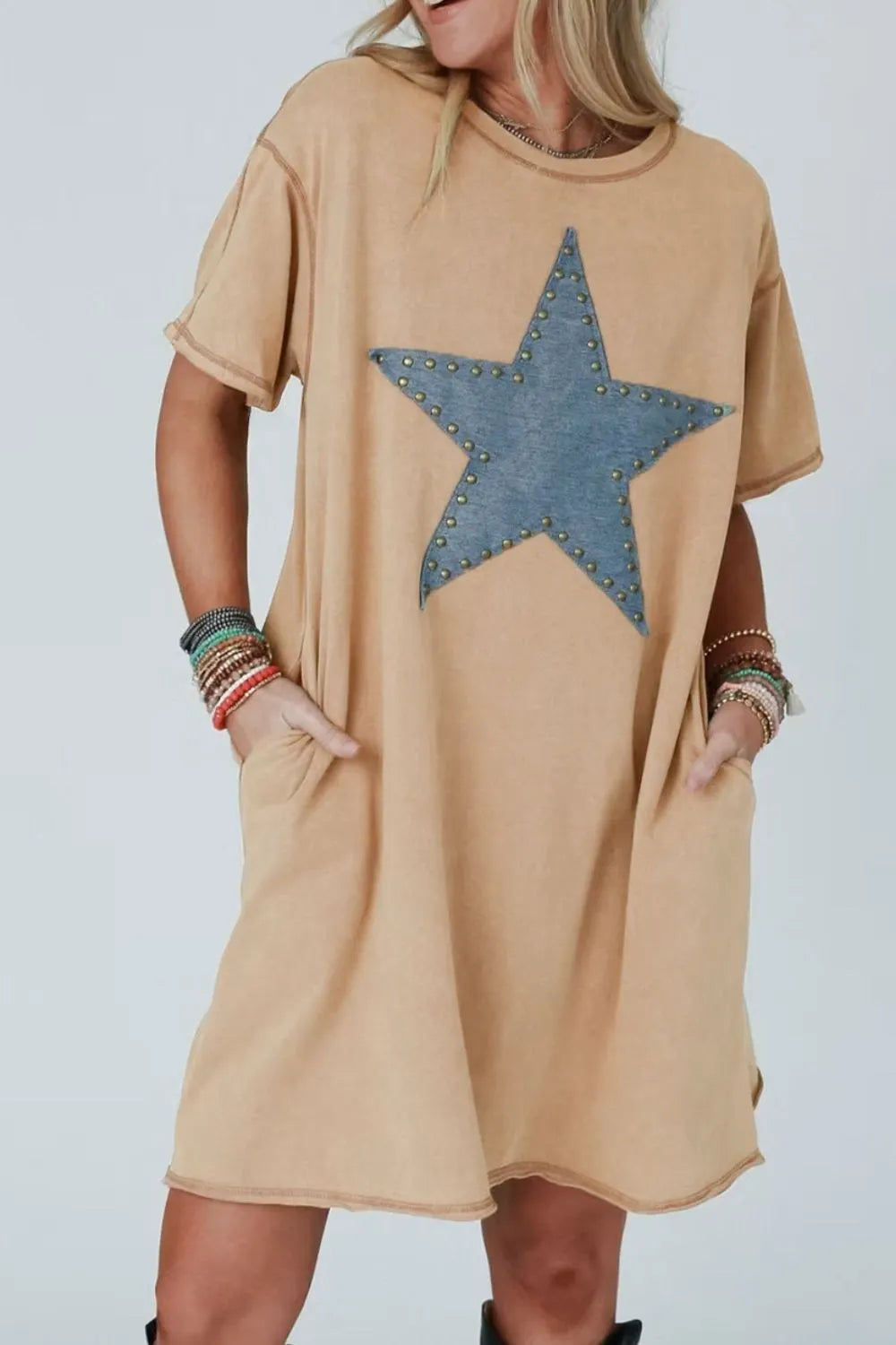 Mineral Wash Stud Beaded Star Pocketed T Shirt Dress.