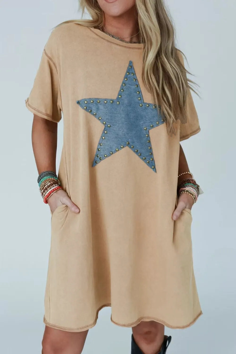 Mineral Wash Stud Beaded Star Pocketed T Shirt Dress.