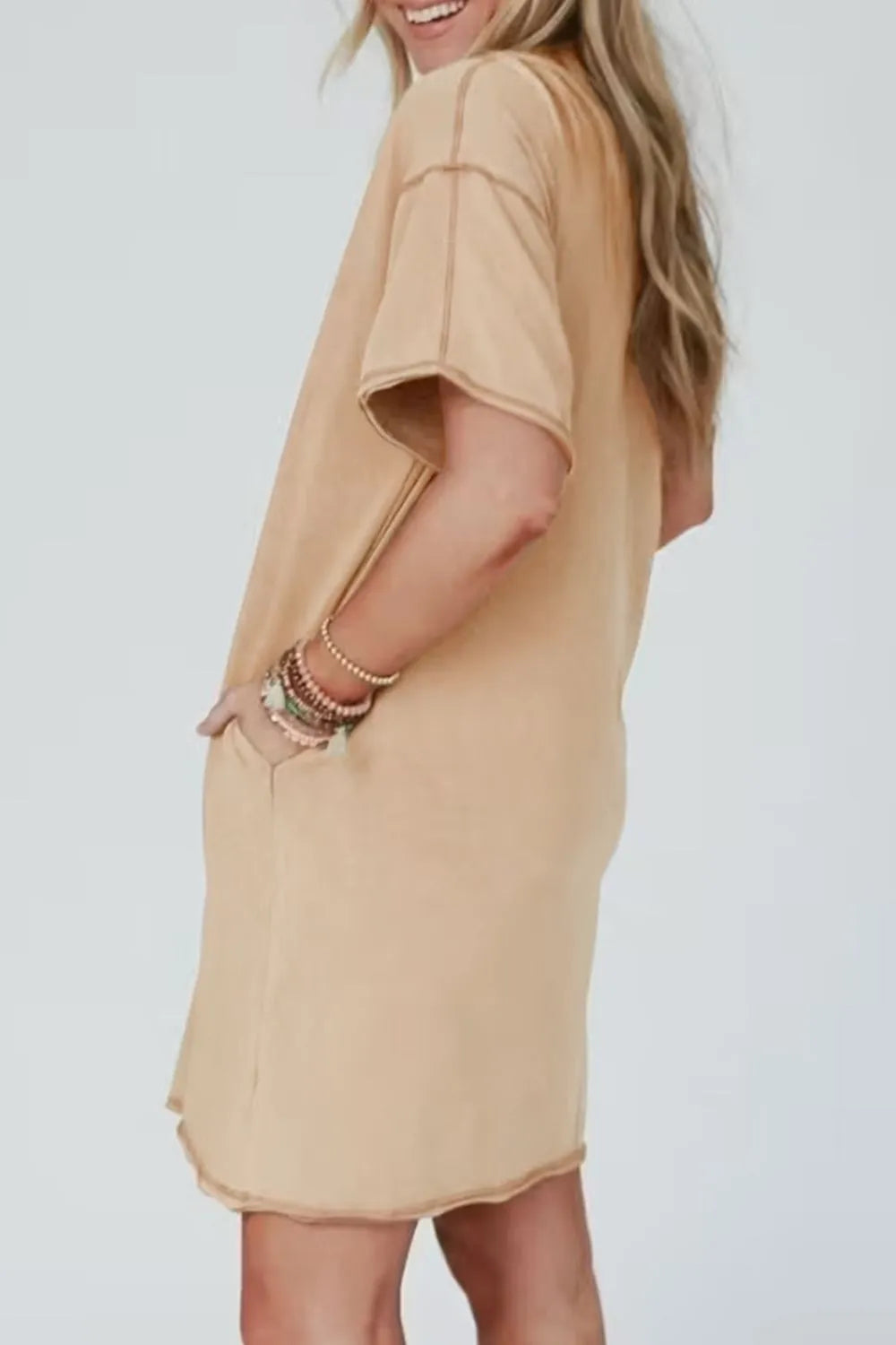 Mineral Wash Stud Beaded Star Pocketed T Shirt Dress.