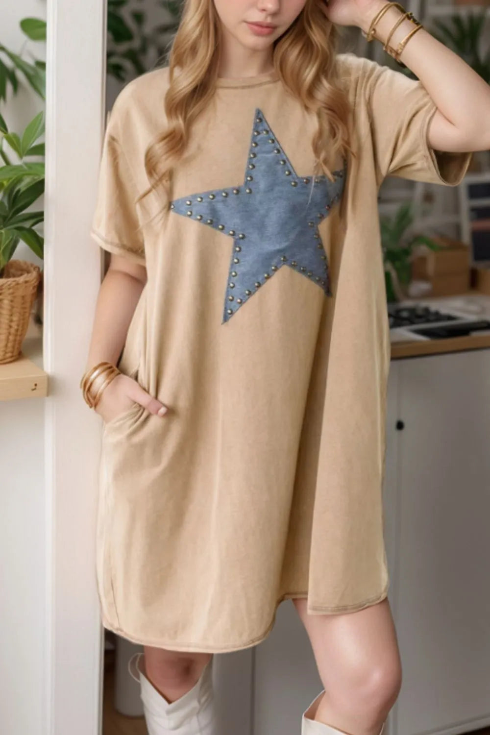 Mineral Wash Stud Beaded Star Pocketed T Shirt Dress.