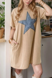 Mineral Wash Stud Beaded Star Pocketed T Shirt Dress.