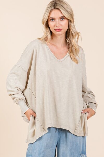 Mineral Wash V-Neck Long Sleeve Oversized Top