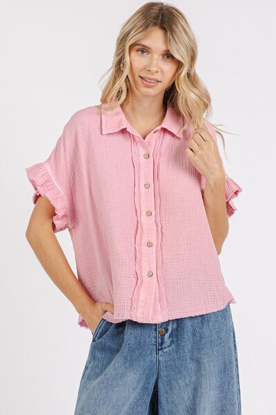 Mittoshop Mineral Washed Button Down Flounce Sleeve Shirt.