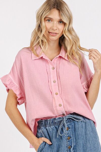Mittoshop Mineral Washed Button Down Flounce Sleeve Shirt.