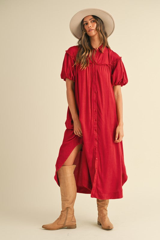 Annie Wear Mineral Washed Button Down Puff Sleeve Shirt Dress.