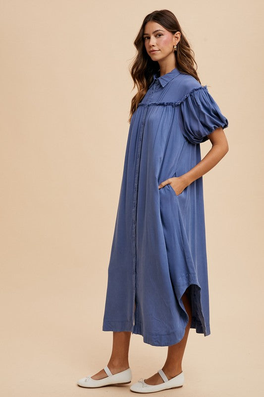 Annie Wear Mineral Washed Button Down Puff Sleeve Shirt Dress.