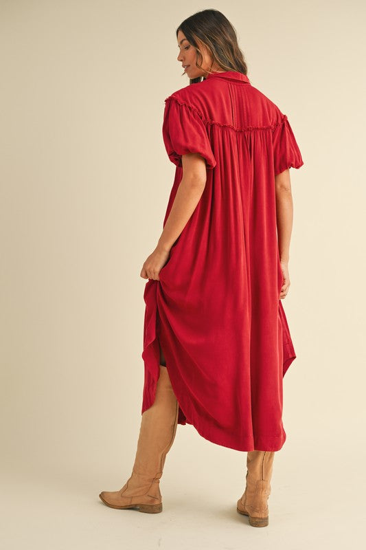 Annie Wear Mineral Washed Button Down Puff Sleeve Shirt Dress.
