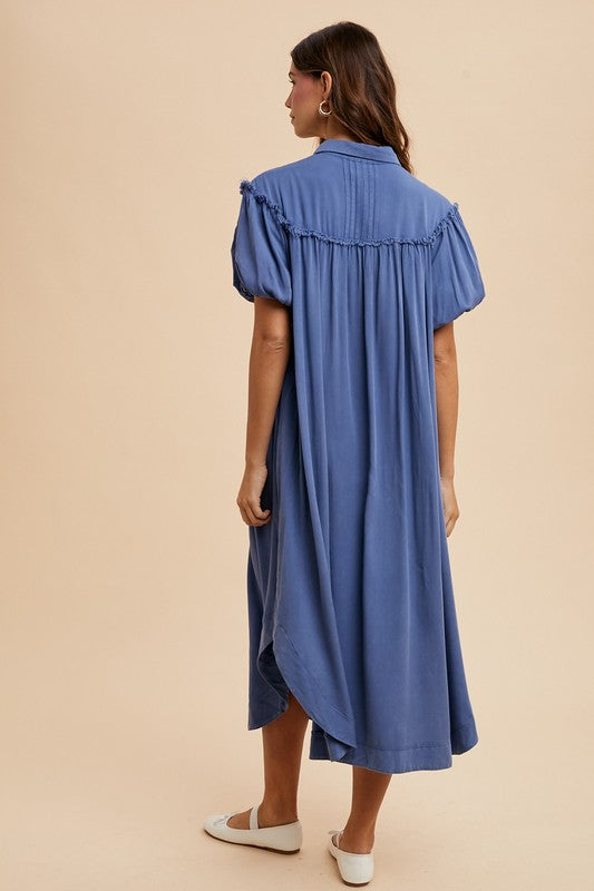Annie Wear Mineral Washed Button Down Puff Sleeve Shirt Dress.