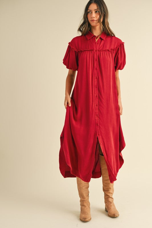 Annie Wear Mineral Washed Button Down Puff Sleeve Shirt Dress.