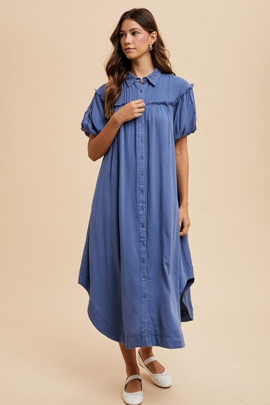 Annie Wear Mineral Washed Button Down Puff Sleeve Shirt Dress.