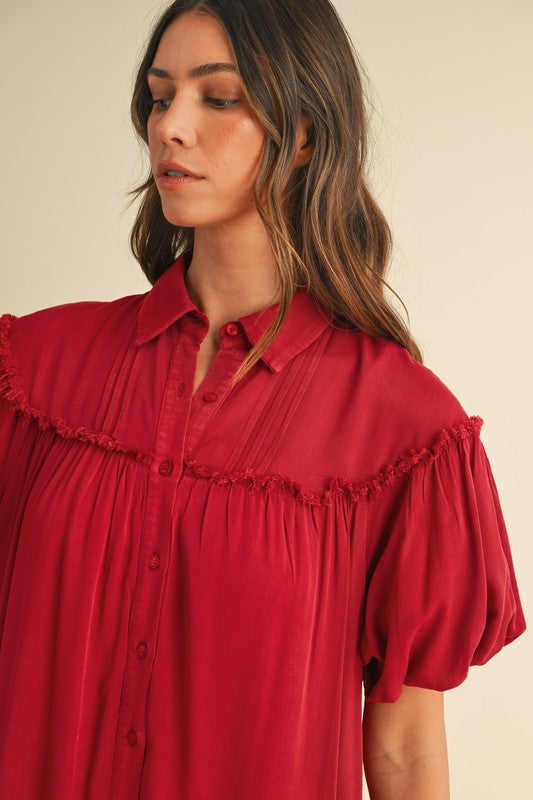 Annie Wear Mineral Washed Button Down Puff Sleeve Shirt Dress.