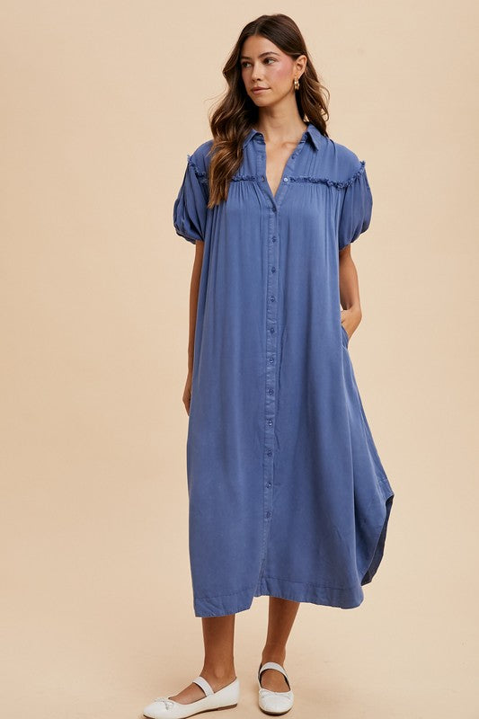 Annie Wear Mineral Washed Button Down Puff Sleeve Shirt Dress.