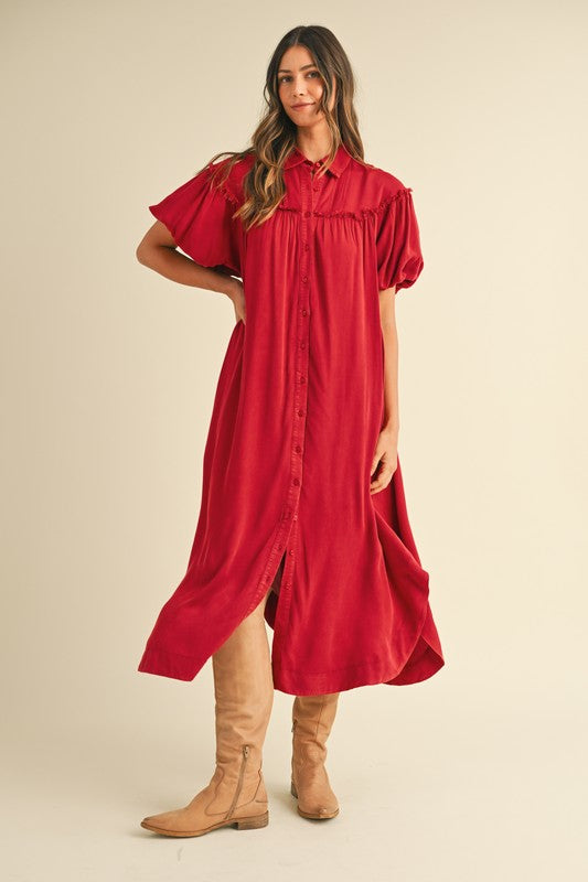 Annie Wear Mineral Washed Button Down Puff Sleeve Shirt Dress.