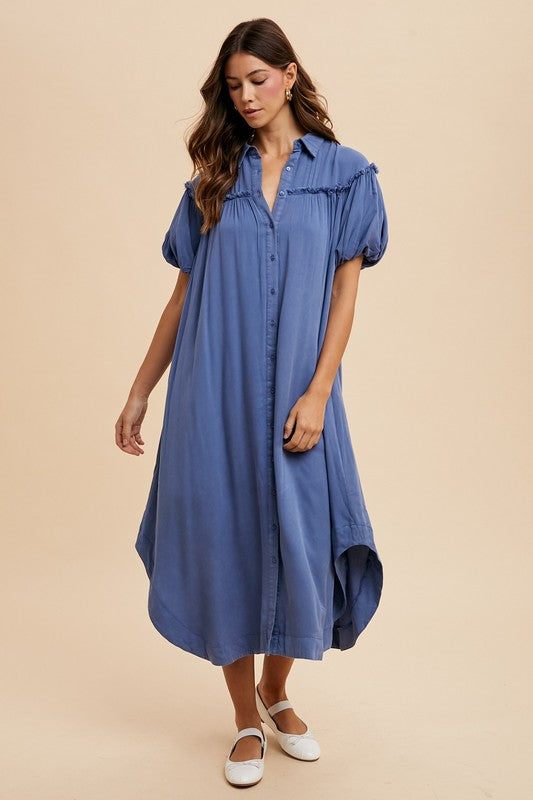 Annie Wear Mineral Washed Button Down Puff Sleeve Shirt Dress.