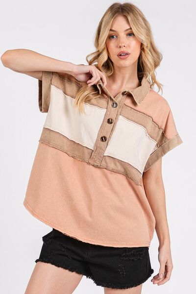 Mittoshop Mineral Washed Half Button Polo Top.